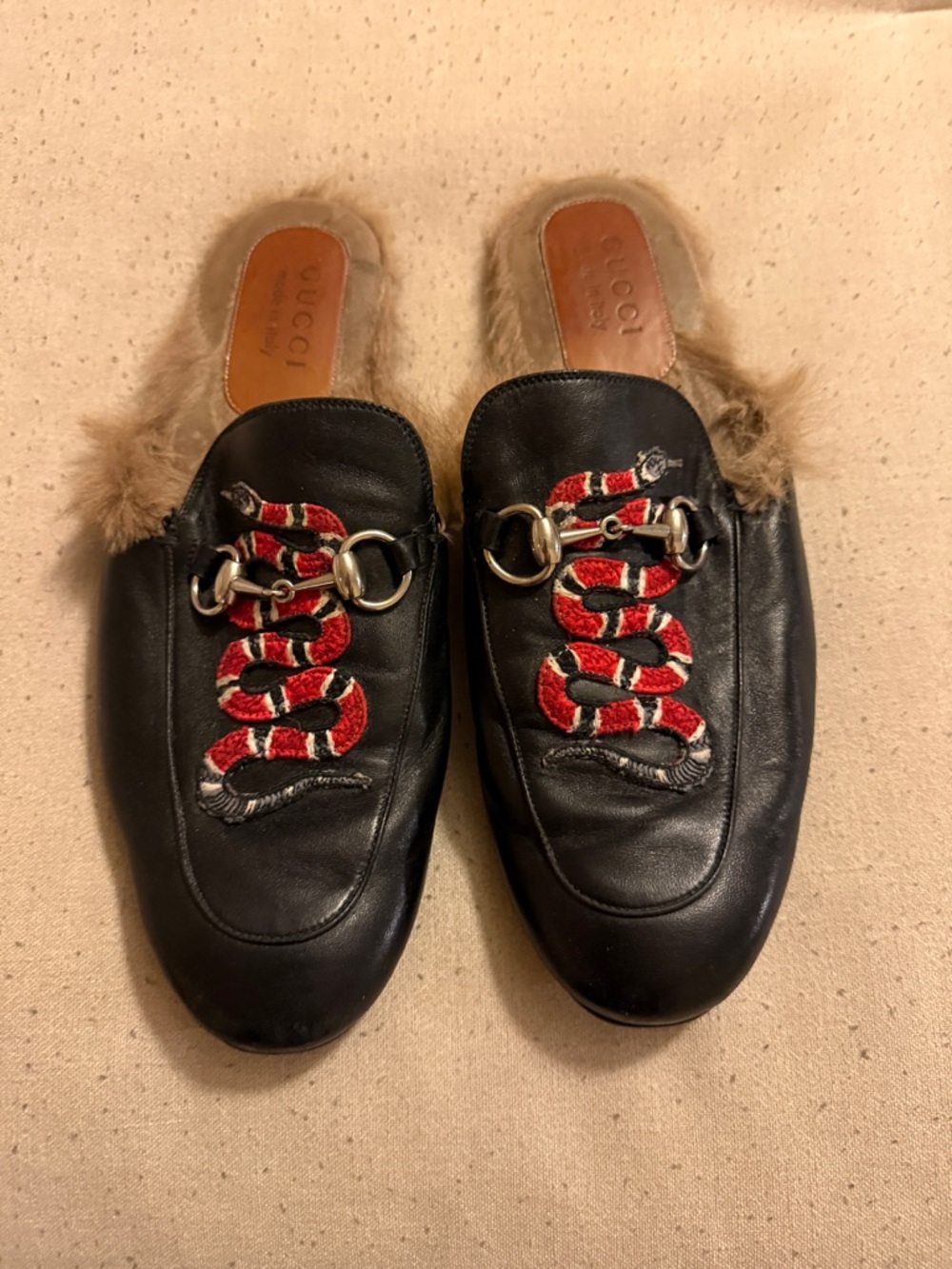 Gucci Black Leather Fur-Lined Mules with Red Snake Embroidery